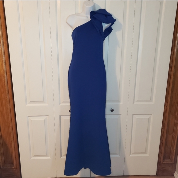 Betsy & Adam Cobalt Blue One-Shoulder Ruffled Scuba Gown Dress size 4 - Picture 3 of 16